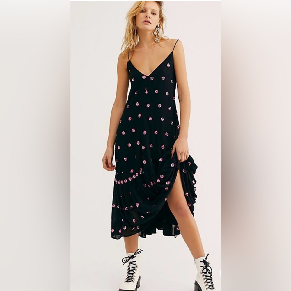 Free People New black dress with pink sparkles,  size large